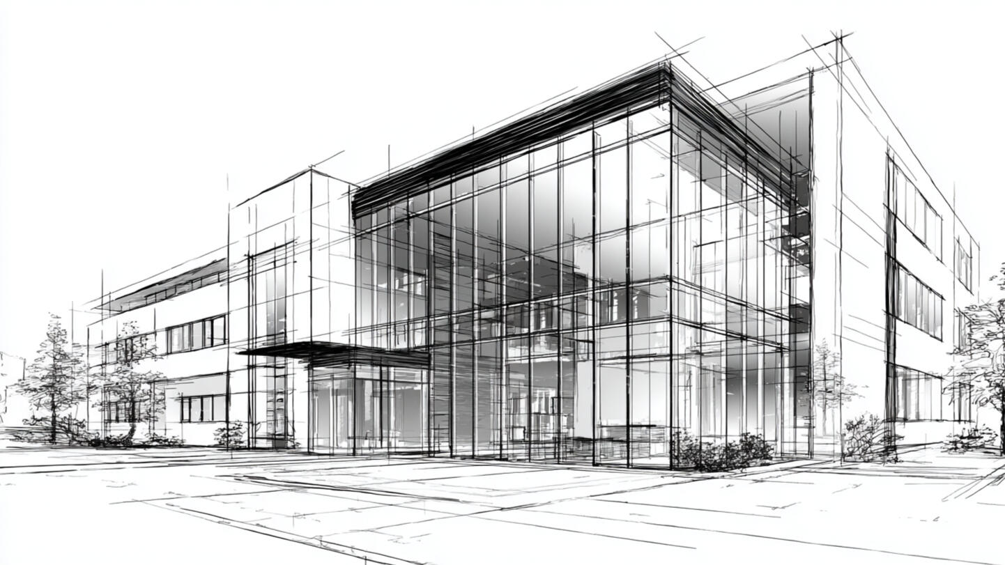 Render arquitectónico tipo sketch de un edificio moderno con fachada de vidrio, proyecto conceptual de A+i Soluciones